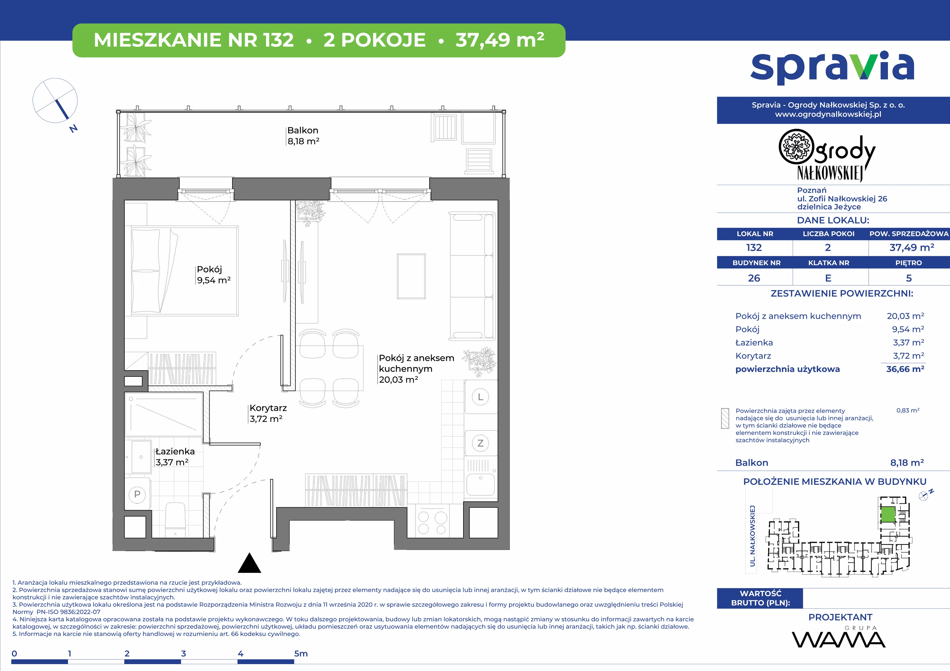 2 pokoje, mieszkanie 37,49 m², piętro 5, oferta nr 26-132, Ogrody Nałkowskiej, Poznań, Ogrody, ul. Nałkowskiej 24, 26